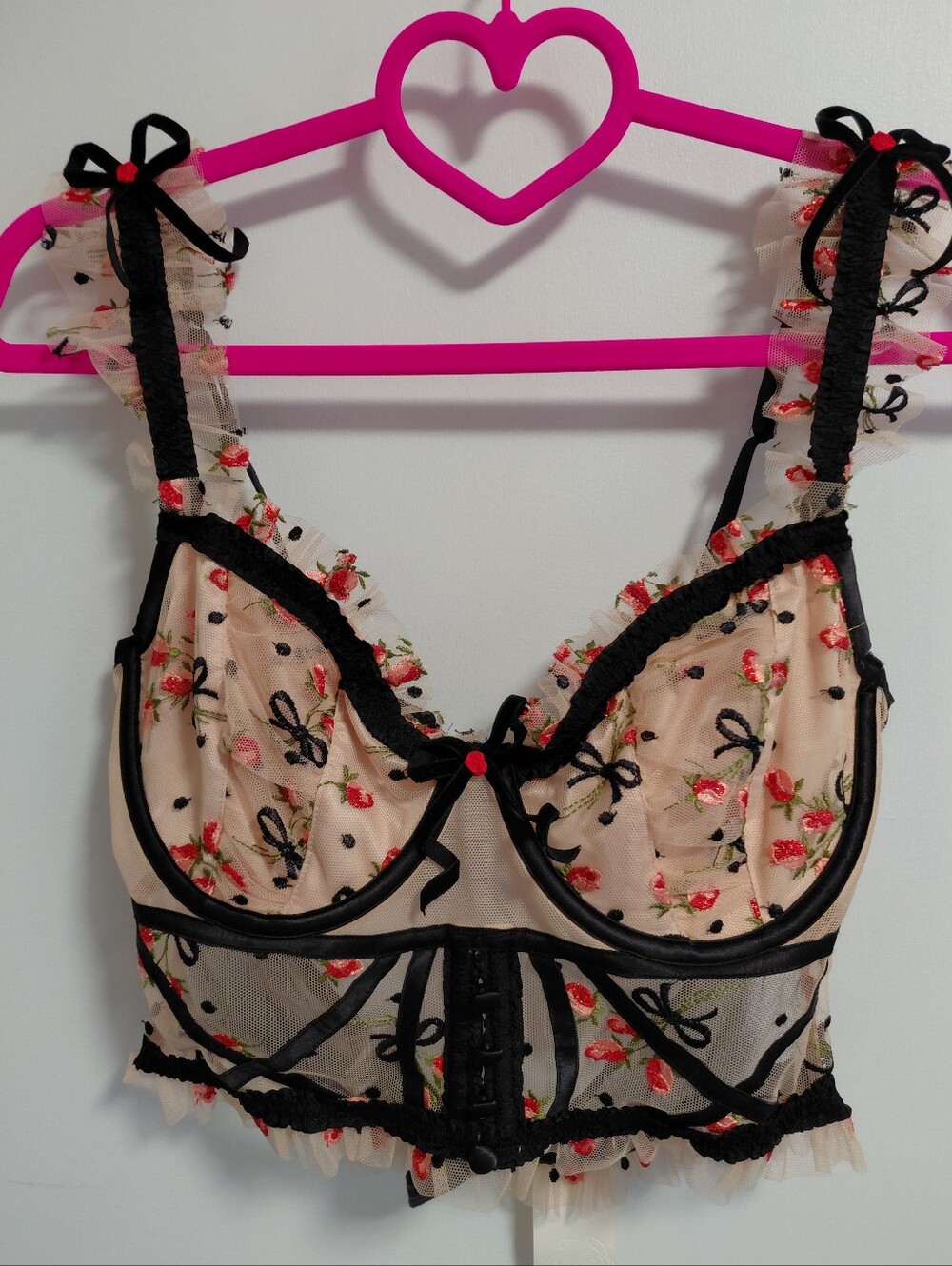 For Love And Lemons Blush Sheer Floral Embroidered Bra with Black Trim